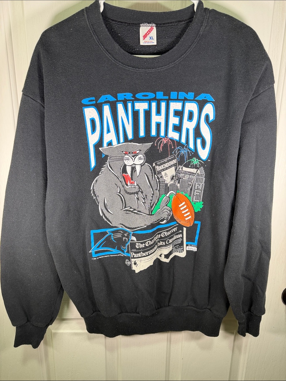 Vintage 1993 Jerzees Black Carolina Panthers Graphic Crewneck Sweatshirt